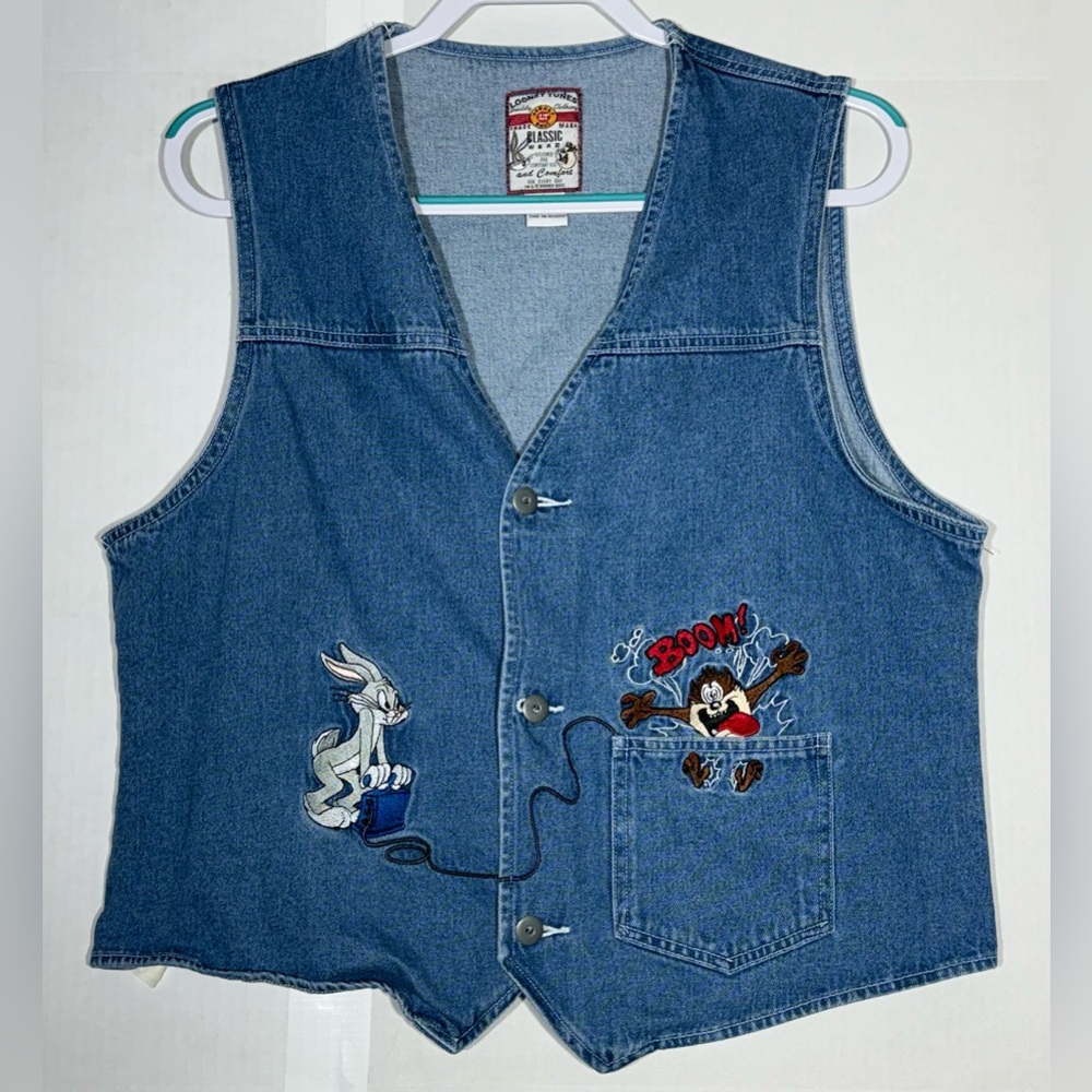 Bugs & Taz Vintage Looney Tunes Embroidered Denim Vest Woman's Size Large